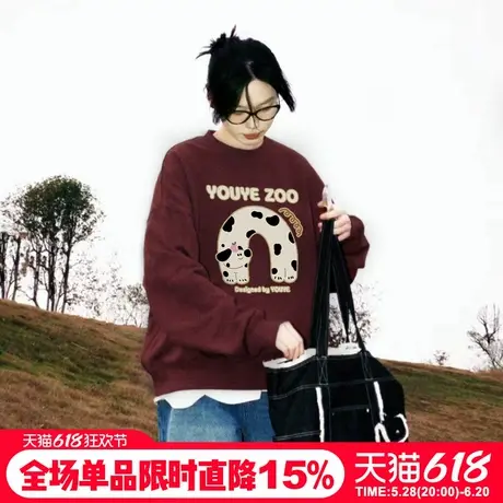 美式复古狗狗酒红色卫衣女2025新款秋冬加绒宽松大码显白无帽上衣商品大图