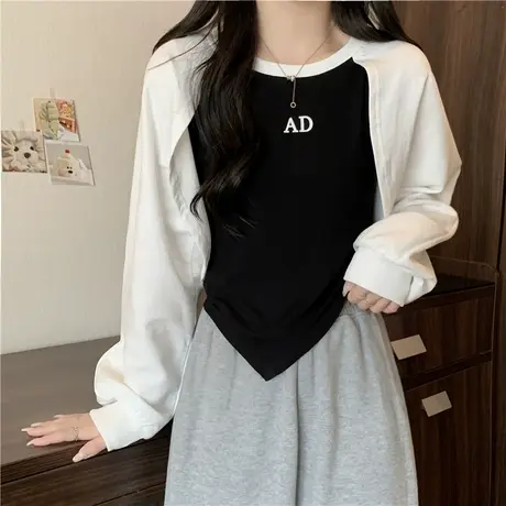 撞色拼接插肩长袖卫衣女秋季薄款修身显瘦短款不规则假两件上衣潮图片