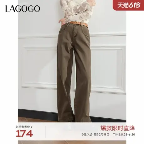 LAGOGO全棉牛仔舒适休闲裤女拉谷谷2024年冬季新款高腰显瘦阔腿裤商品大图