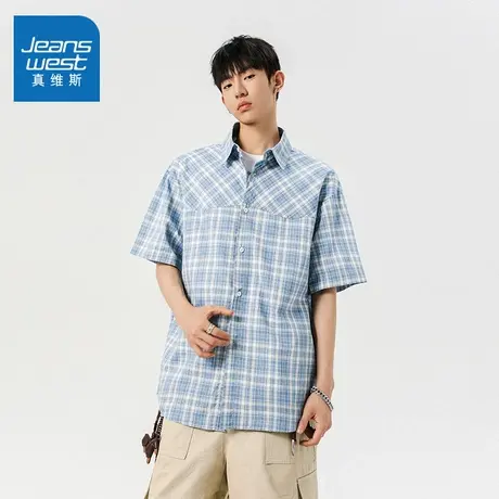 N5真维斯男士短袖衬衫2025夏季新款美式复古男生休闲宽松百搭衬衣商品大图
