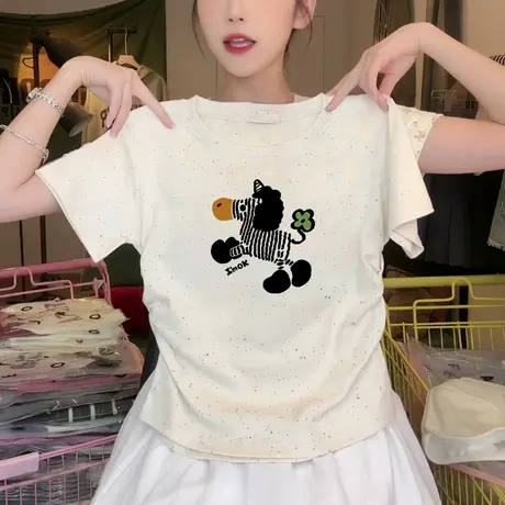 甜美风彩虹波点褶皱收腰短款t恤女新款高腰洋气减龄短袖上衣夏季商品大图