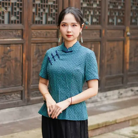 筠雅夏季新款新中式国风唐装上衣民国复古气质显瘦女装短袖25J243商品大图