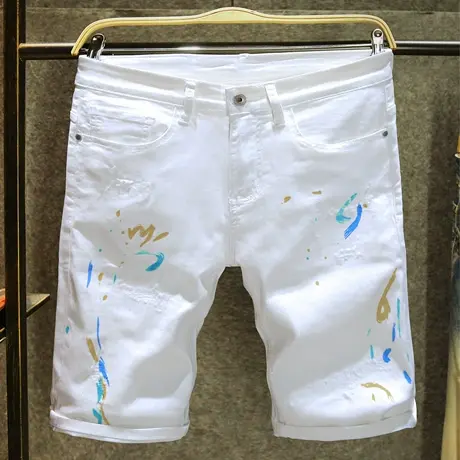 高端白色泼墨牛仔短裤男高街破洞痞帅大码五分裤潮流时尚百搭中裤商品大图