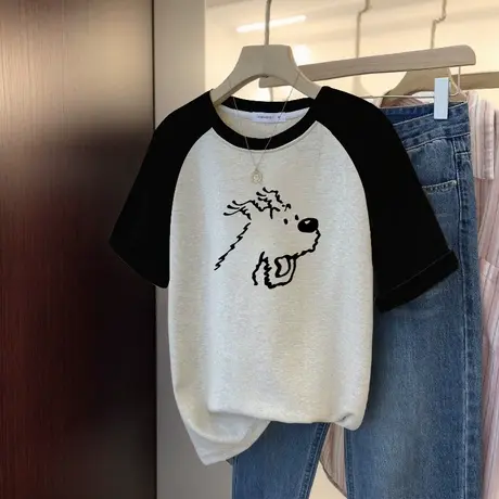 胖mm大码小狗短袖t恤女夏季美式复古小众半袖港风chic上衣ins潮牌图片