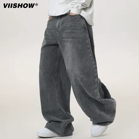 VIISHOW做旧水洗牛仔裤男秋新款休闲宽松潮牌复古阔腿直筒长裤商品大图