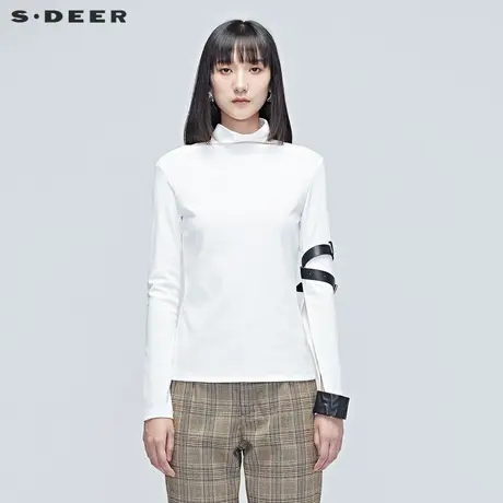 sdeer圣迪奥女装春装高领绑带长袖开叉白色打底衫T恤S20380224🤕商品大图