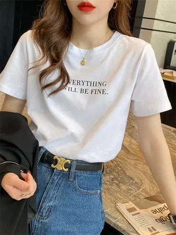 重磅纯棉打底衫短袖t恤女2024春季美式短袖百搭内搭白色别致上衣商品大图