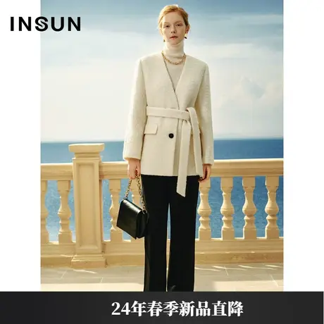 INSUN恩裳专选春季V领圈圈毛羊毛毛呢外套图片