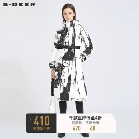 sdeer圣迪奥女装高领连帽水墨印花收腰拼接中长款羽绒服S20482486🍑商品大图