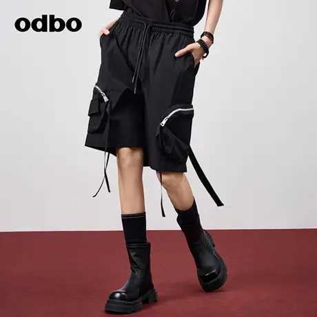 odbo/欧迪比欧时尚大口袋拉链短裤女裤2024新款夏季薄款抽绳裤子商品大图