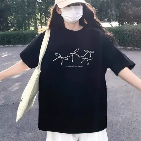 大码黑色短袖t恤女纯棉宽松半袖夏季独特设计感漂亮chic情侣上衣商品大图