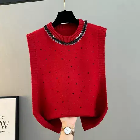 韩系新款针织马甲女秋冬季打底针织衫可叠穿烫钻毛衣上衣无袖马夹商品大图