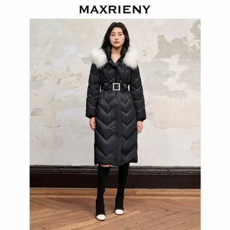【奥莱】MAXRIENY星钻羽绒服款收腰过膝长款貉子毛条领外套图片