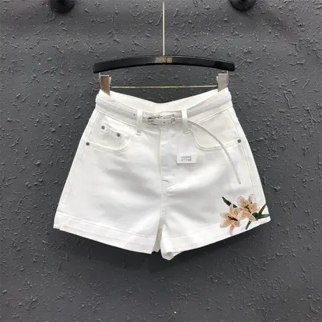 新中式刺绣白色牛仔短裤女2025夏季新款高腰显瘦遮肉百搭阔腿热裤商品大图
