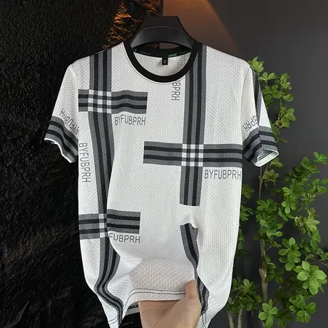 夏季新款冰丝短袖t恤男士潮流时尚百搭休闲运动透气速干圆领上衣商品大图