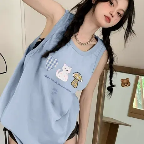 纯棉辣妹吊带坎肩背心无袖t恤女夏外穿高级感慵懒风宽松挂脖上衣商品大图