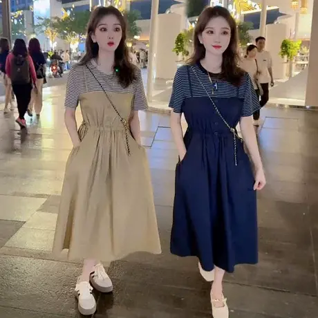 2025夏季新款假两件条纹撞色拼接连衣裙夏季新款收腰显瘦抽绳长裙商品大图