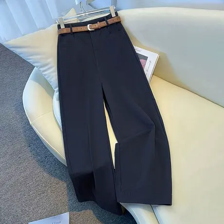 拉夏贝尔九分直筒时尚裤女2025春秋休闲加绒新款高腰毛呢阔腿长裤图片