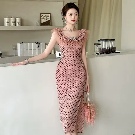 轻熟风蕾丝波点连衣裙女2025新款开叉过膝中长款无袖包臀修身裙子商品大图