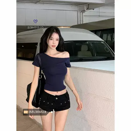 纯欲风深蓝色斜肩短袖T恤女2025夏季短款露脐紧身辣妹上衣ins潮商品大图