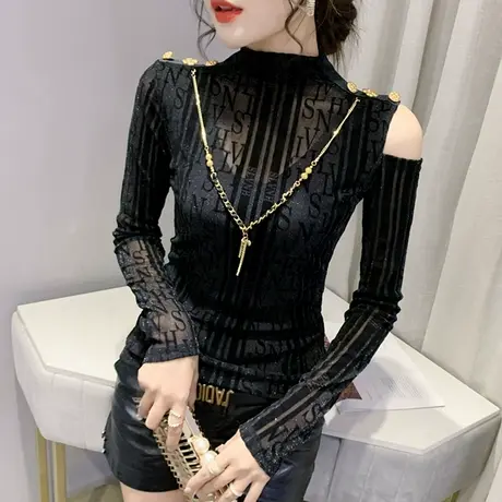 半高领打底衫女春秋紧身内搭长袖T恤欧货洋气小衫网纱加绒上衣潮商品大图