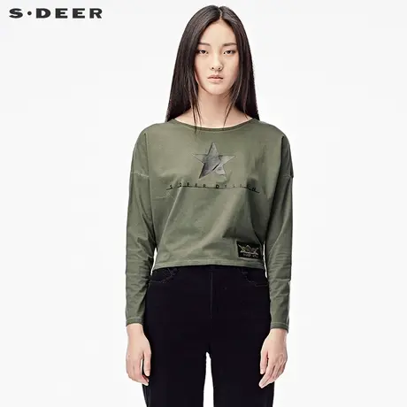 sdeer圣迪奥秋装休闲纯色圆领五角星印胶长袖打底T恤女S17380296图片