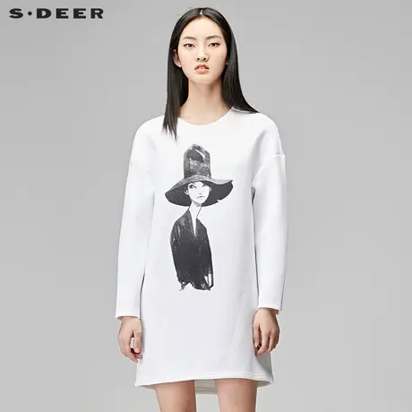 sdeer圣迪奥唯美素白人物印花套头圆领中长款T恤打底衫S17480229图片