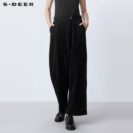 sdeer圣迪奥2021冬新品休闲压褶插袋灯芯绒黑色直筒长裤S21460816图片