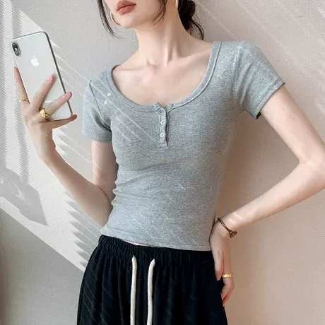 纽扣圆领短袖T恤女2024春季新款棉修身显瘦正肩百搭纯色内搭上衣商品大图