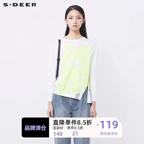 sdeer圣迪奥女装时尚圆领撞色印花不规则开衩长袖T恤S21380203🦉商品大图