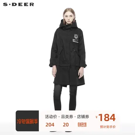 sdeer圣迪奥女字母印胶贴布装饰开衩下摆连帽风衣S19181821图片