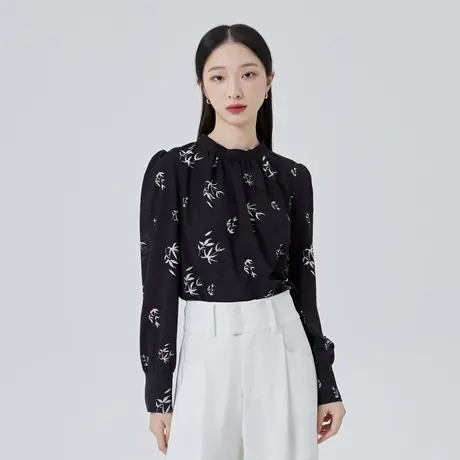 艾莱依宫廷风长袖雪纺衬衫女夏季新款印花圆领时尚气质感显瘦上衣图片