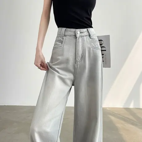 莱赛尔天丝阔腿牛仔裤女夏季薄款灰色高腰宽松显瘦垂感直筒长裤子商品大图