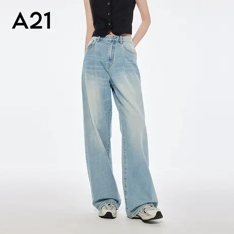 A21女装蓝白薄牛仔裤水洗磨白宽松阔腿裤复古做旧宽松显瘦简约商品大图