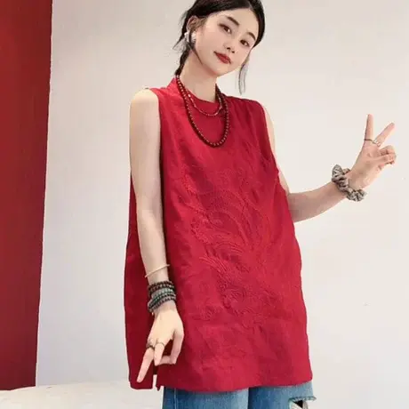 欧货洋气小众轻奢高级感新中式国风红色无袖衬衫女夏季刺绣上衣潮图片