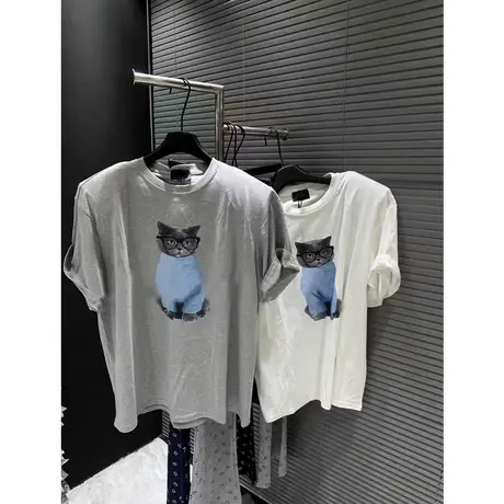 韩国东大门2025早春新款休闲宽松垫肩猫咪卡通印花短袖T恤女上衣商品大图