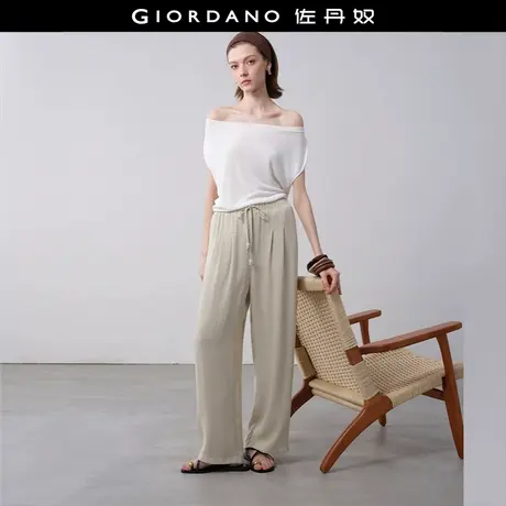 设计师款佐丹奴裤子女夏季麻感打褶阔腿裤松紧腰休闲长裤18415614商品大图