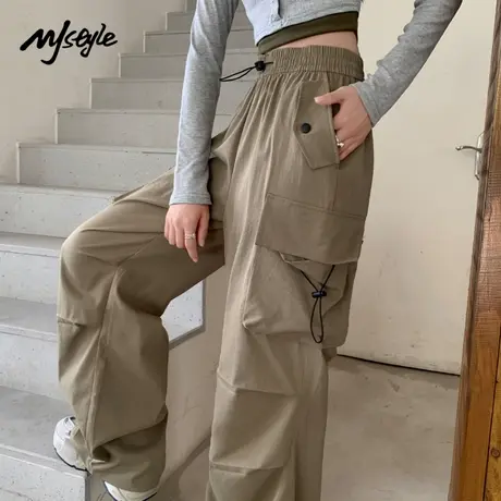 MJ STYLE工装裤女2025夏新款美式抽绳两穿降落伞裤高腰宽松束脚裤商品大图