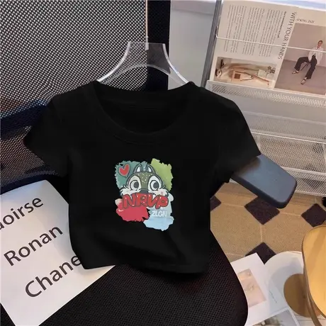 卡通夏季设计感短袖t恤女2025新款显瘦短款体恤黑色女装上衣ins潮图片