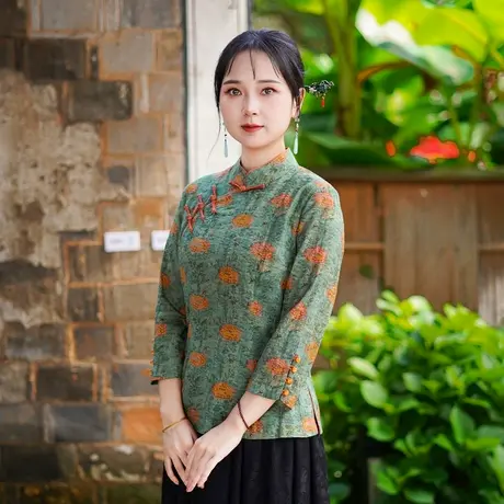 筠雅夏季新款复古改良中式唐装上衣国风年轻款斜襟盘扣上衣25J222商品大图
