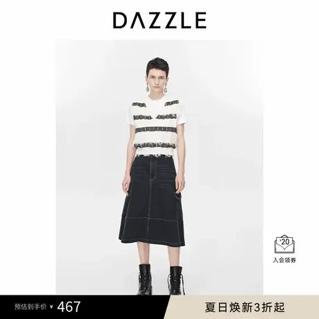 DAZZLE地素奥莱毛衫无袖春秋装优雅复古宽条纹流苏针织上衣女商品大图