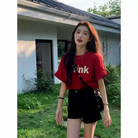 2025新款美式潮牌圆领字母印花短袖t恤夏季女装百搭宽松气质上衣商品大图