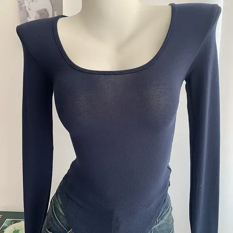 纯欲性感女人味修身低领显胸薄款长袖打底衫女T恤上衣商品大图