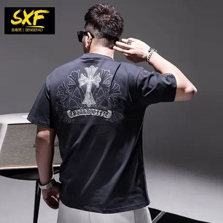 SXF圣希梵t恤短袖男  潮牌宽松体恤夏季新款烫钻印花纯棉男士半袖商品大图