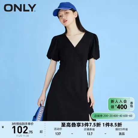 ONLY奥莱夏季气质V领泡泡袖收腰开叉下摆连衣裙女图片