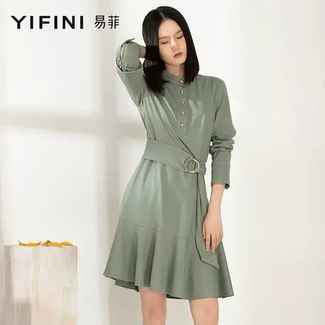 Yifini/易菲秋装新款女立领早秋连衣裙收腰拼接通勤裙子商品大图