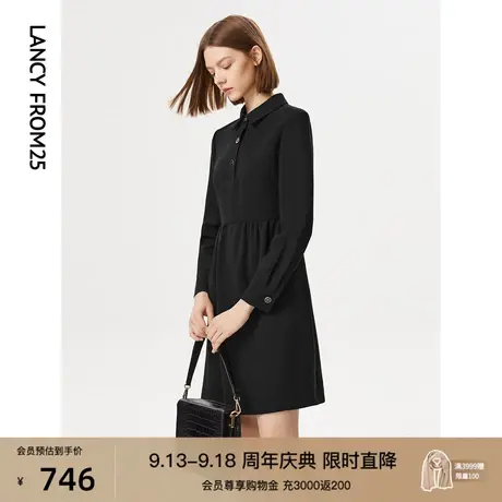 朗姿礼服式通勤小黑裙秋冬新品裙子宽松短袖衬衫领遮肉弹力连衣裙商品大图