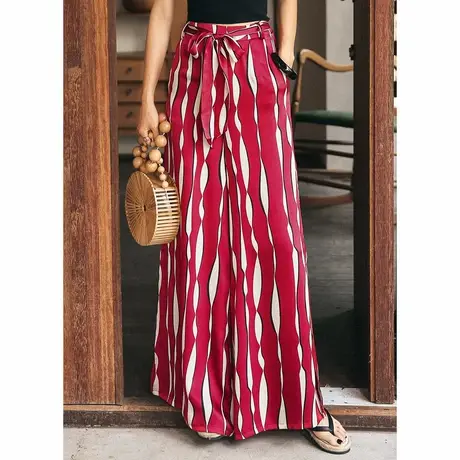 弥古红色高腰波西米亚冰丝雪纺阔腿裤薄款女夏季印花开叉裙裤长裤商品大图