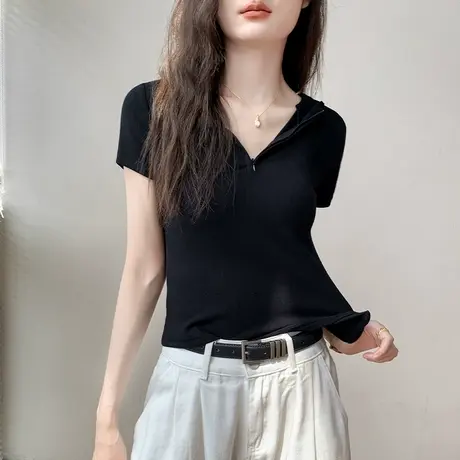 连帽拉链半开领短袖T恤女夏季外穿修身显瘦别致正肩纯色简约上衣商品大图