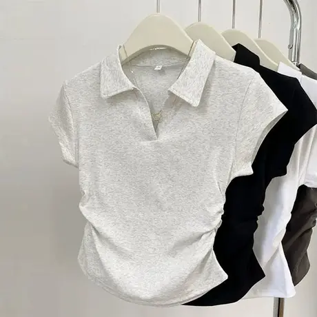 辣妹褶皱收腰V领短袖T恤女夏季修身韩版小个子短款正肩Polo领上衣商品大图